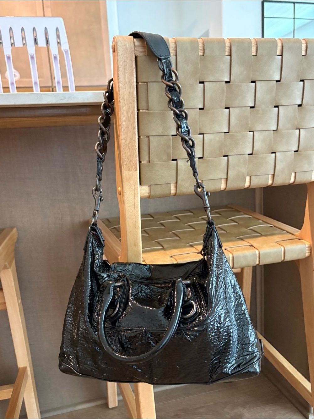 Coach Black Patent Leather Shoulder Bag with Chain-Link Strap - Picture 5 of 10